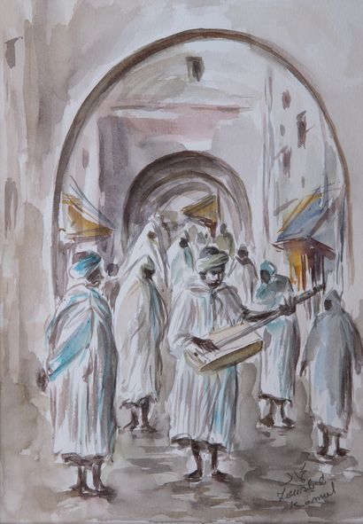  Ioualid KAMAL (XXth century) Lively scenes in Morocco, souks Suite of six watercolours...