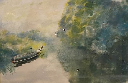  Ji YANG (XXe siècle) Paysage à la barque Crayon et aquarelle Signé en bas à droite...