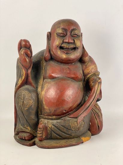  Important bouddha en bois laqué sculpté Chine Représenté assis, souriant et tenant...
