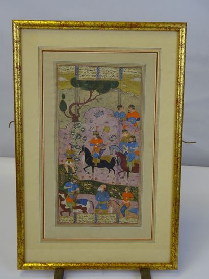  Miniature persane à décor de cavaliers dans un paysage arboré Gouache sur papier...