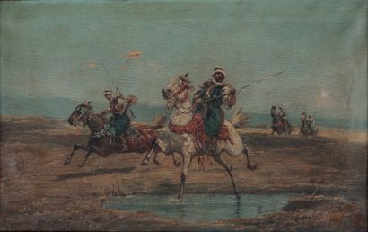  Ecole orientaliste du début du XXe siècle Cavaliers arabes Huile sur toille 37 x...