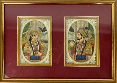 IRAN Two rectangular miniatures on ivoirine showing a couple, framed under glass...