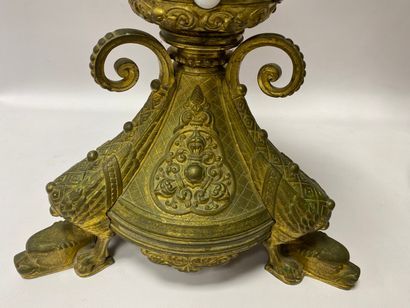  A pair of ormolu and glass beads candlesticks, the uprights depicting chimeras....