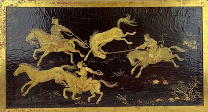 Black and gold lacquered panel with horses...