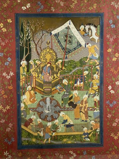  Gouache sur tissu Iran / Perse, début XXe Scène de cour animée sur fond de paysage....