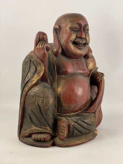  Important bouddha en bois laqué sculpté Chine Représenté assis, souriant et tenant...