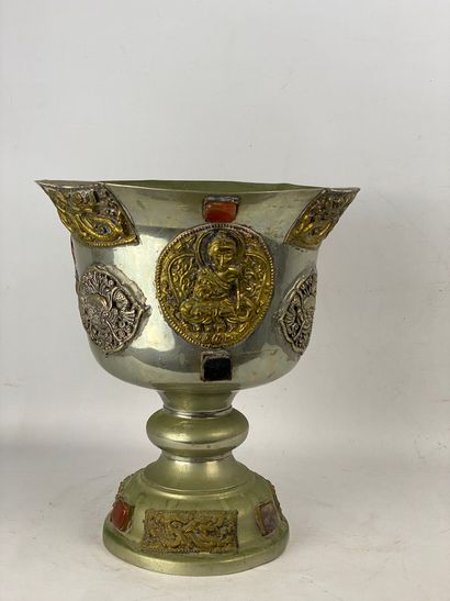 Large chalice vase made of alloy and inlaid...