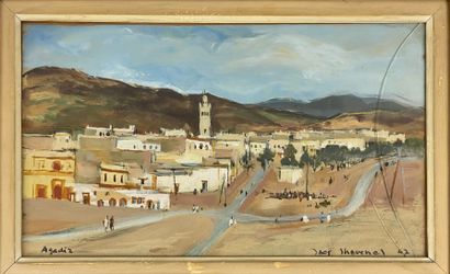  Jacques THEVENET (1891-1989) Agadir Huile sur carton, signé en bas à droite, situé...