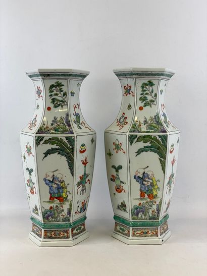  A pair of hexagonal porcelain vases in the...