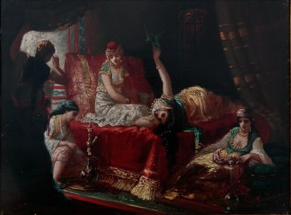  Eliza JOINVILLE (XIXe siècle) Scène de harem Huile sur panneau Signé en bas à droite...