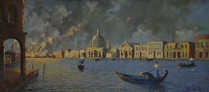  Fernand ROSELLO (XXème siècle). Incendie sur le Grand Canal Huile sur panneau, signée...