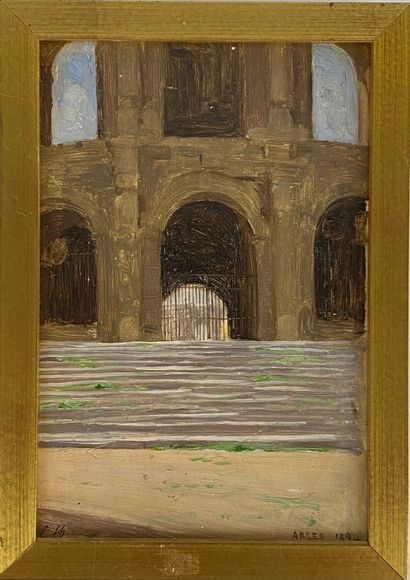  Emile L.THIVIER (1858-1922) Vue des arènes d'Arles Huile sur panneau Signé en bas...