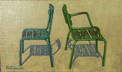  PIOTROWSKI (XXe siècle) Deux chaises Huile sur toile 14 x 24 cm