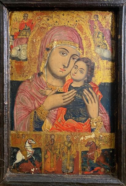  RUSSIE ou GRECE Icône, Vierge à l'Enfant XIXe siècle 46 x 30 cm (éclats, trous de...