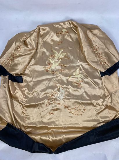  Kimono in black satin fabric with embroidered phoenix and herons In the Chinese...