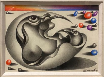  Jean-Claude MINNEBOO (born in 1943) Surrealist composition Black pencil and coloured...