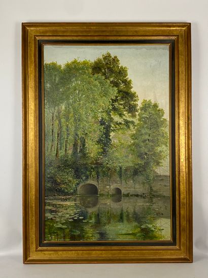  A. JULLIEN (XXe siècle) Paysage au pont Huile sur toile Signé en bas à gauche 92...