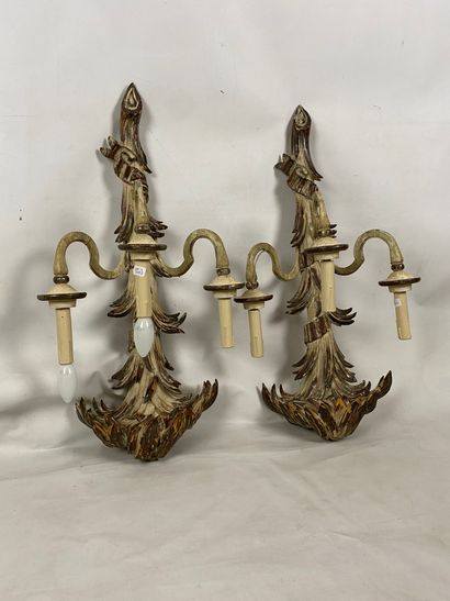 Pair of painted wood sconces with three arms...