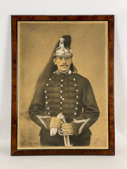  A. THIEBAULT (XIXth century) Portrait of a grenadier Charcoal drawing and white...
