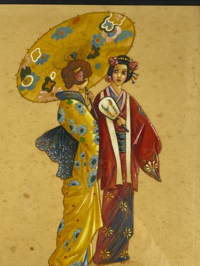  Painting on fabric representing two gheisha, one holding a parasol and the other...