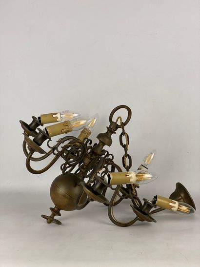 Dutch style six-light brass chandelier