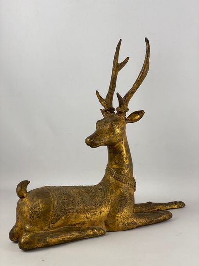 Reclining deer Gilt bronze subject carved...