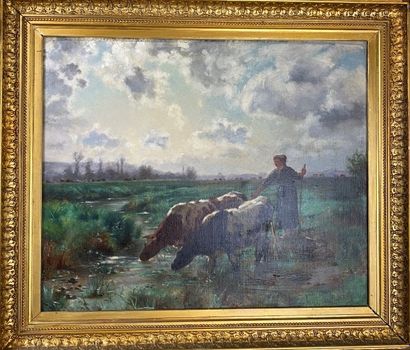  F. KLEINMANS (fin XIXème-début XXème siècle) Paysanne et vaches Huile sur toile...