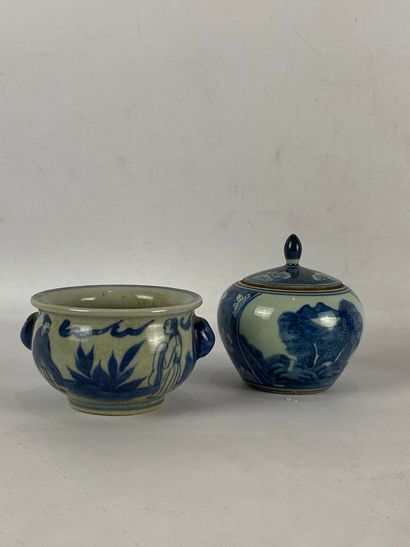  SET OF TWO WHITE BLUE PORCELAIN Includes a covered pot with landscape decoration...