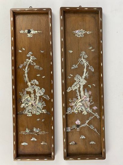  Set of two wooden panels with mother-of-pearl inlays Vietnam Lake landscapes and...