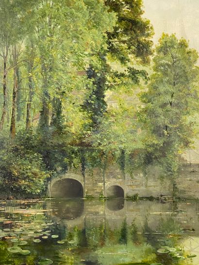  A. JULLIEN (XXth century) Landscape with bridge Oil on canvas Signed lower left...