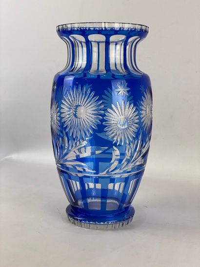  Baluster vase in blue coloured crystal with floral decoration in the Bohemian style...