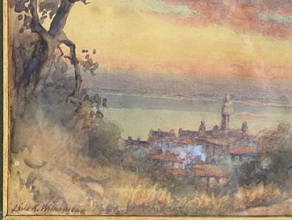  School of the XXth century View of a village by the sea Watercolor signed down right...
