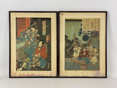  Lot of two Japanese prints featuring Kabuki actors and geishas (stains, wetness)...