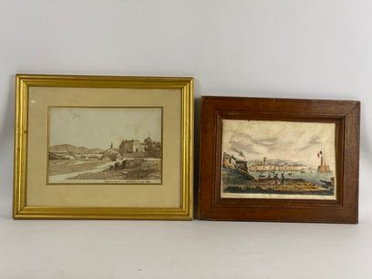  Lot of two engravings in color under glass: View taken from the castle and View...