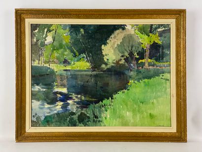  A. DROUOT (XXth century) Pond edge Watercolour on paper, signed lower right 44 x...