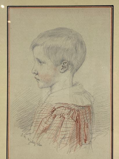  Lot de deux dessins encadrés sous verre: Ecole du XIXe, portrait d'enfant de profil,...