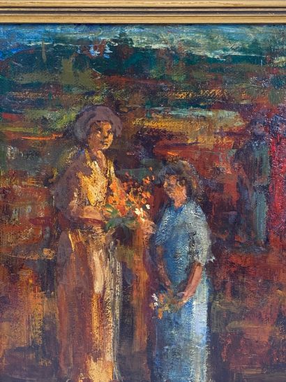  20th century school Woman and child in a landscape Oil on cardboard