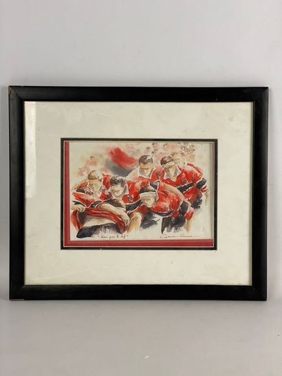  Lot of framed pieces including: - Watercolor "Unis pour le défi" Signed lower right...