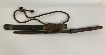  CEREMONY SABRE, Hmong tribe Burma/Laos ? Wooden handle and scabbard partly covered...