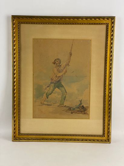  Ercole TRACHEL (1820-1872) Hunter and fisherman Two watercolours on paper Signed...