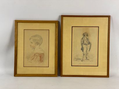  Lot of two drawings framed under glass: 19th century school, portrait of a child...