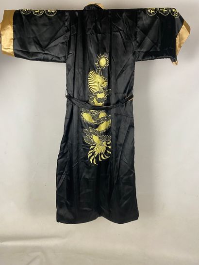  Kimono in black satin fabric with embroidered phoenix and herons In the Chinese...
