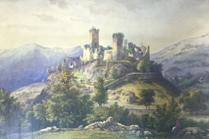  Gaspard GOBAUT (1814-1882) Village de montagne en ruines Aquarelle sur papier, signée...