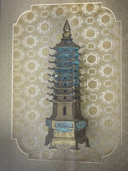  Bronze pagoda presented in its frame (oxidations) Two blackened wood panels with...