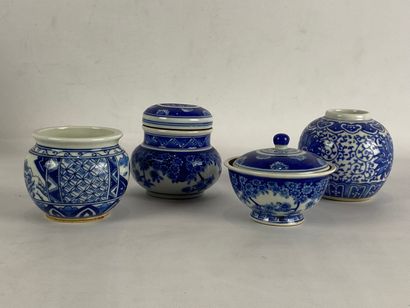  SET OF FOUR BLUE AND WHITE MINIATURE PORCELAINS Comprising a cricket box with openwork...