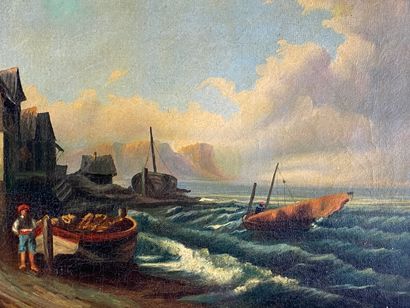 E. DUDAY (?) (XIXème siècle) Pêcheurs en bord de mer Huile sur toile Signée en bas...