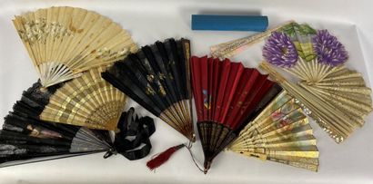 Set of about ten painted leaf or lace fans....
