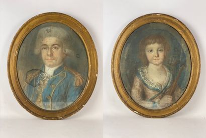  Pair of oval portraits representing a man and a child in costume The child is represented...