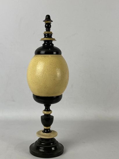 Turned blackened wood and ostrich egg lamp...
