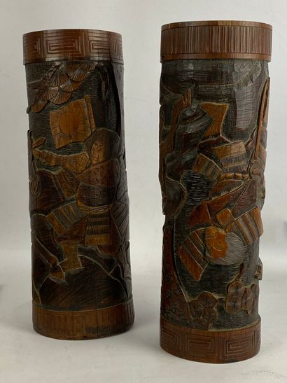  Pair of bamboo bitong brush holders with bas-relief carved decoration of samurai...